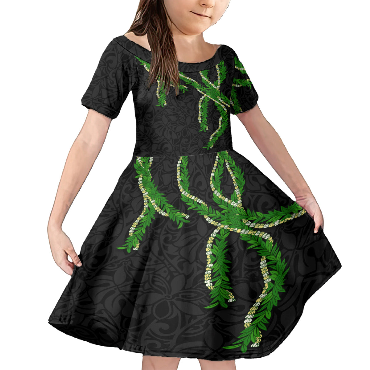 Hawaii Maile Lei Family Matching Mermaid Dress and Hawaiian Shirt Aloha Black Color
