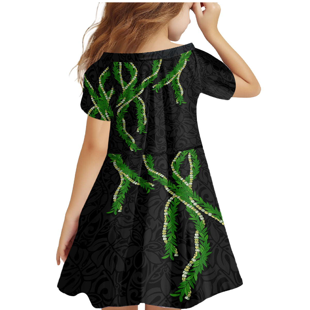 Hawaii Maile Lei Family Matching Mermaid Dress and Hawaiian Shirt Aloha Black Color