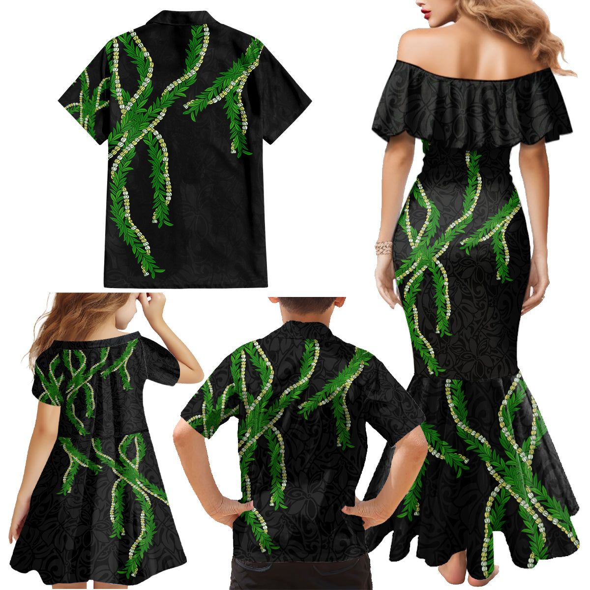 Hawaii Maile Lei Family Matching Mermaid Dress and Hawaiian Shirt Aloha Black Color