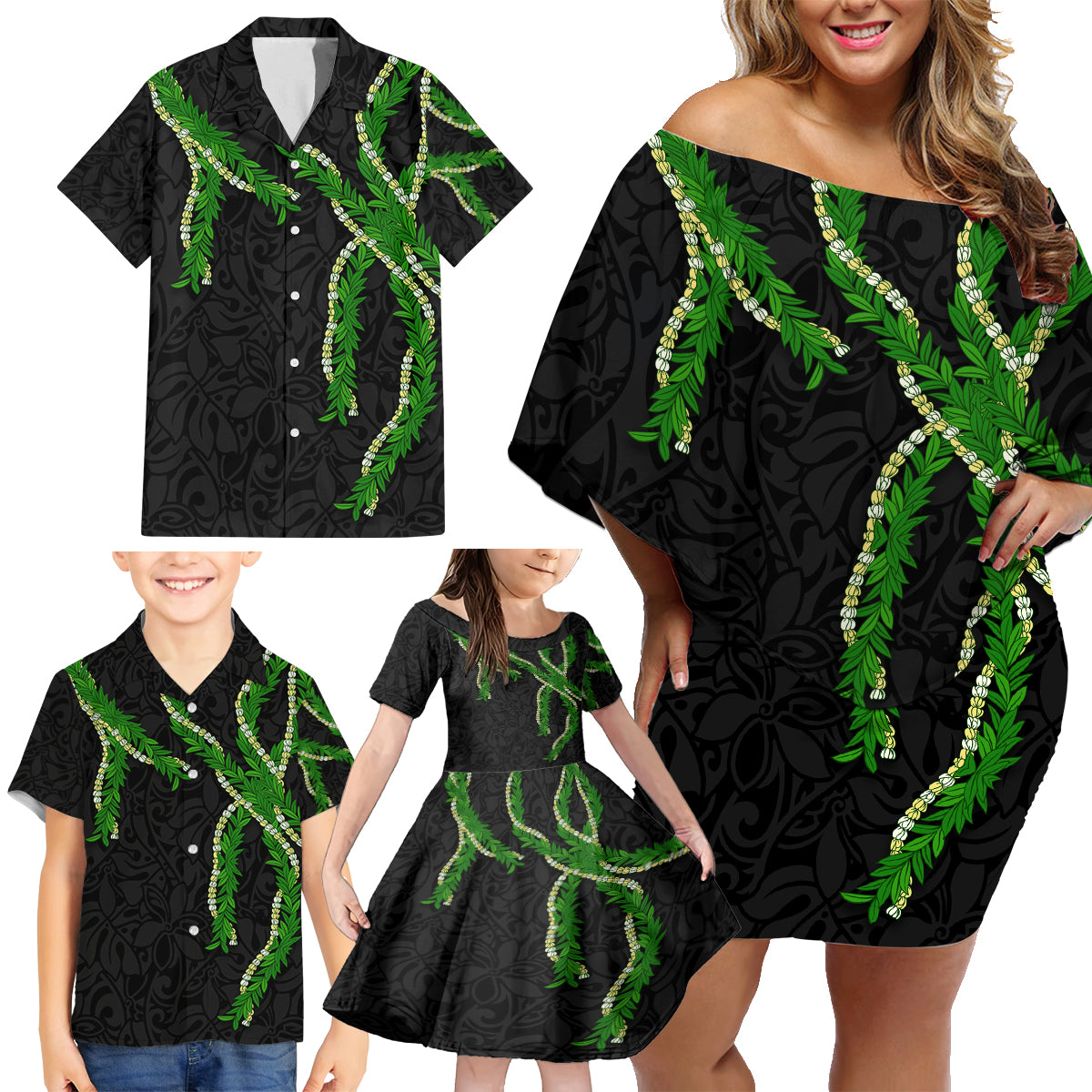 Hawaii Maile Lei Family Matching Off Shoulder Short Dress and Hawaiian Shirt Aloha Black Color