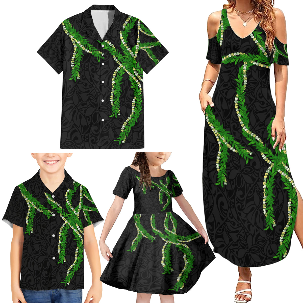 Hawaii Maile Lei Family Matching Summer Maxi Dress and Hawaiian Shirt Aloha Black Color LT03 - Polynesian Pride