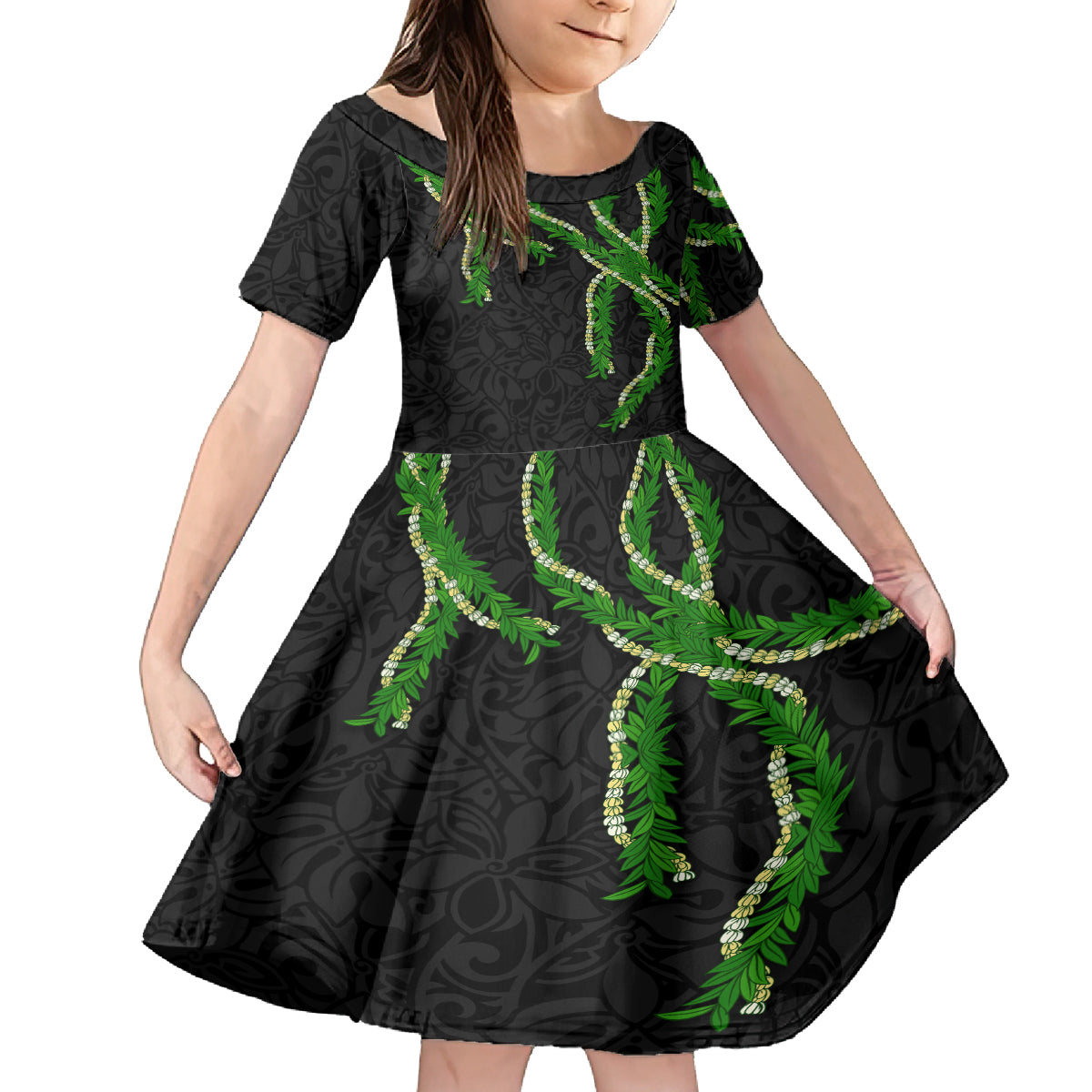 Hawaii Maile Lei Family Matching Tank Maxi Dress and Hawaiian Shirt Aloha Black Color