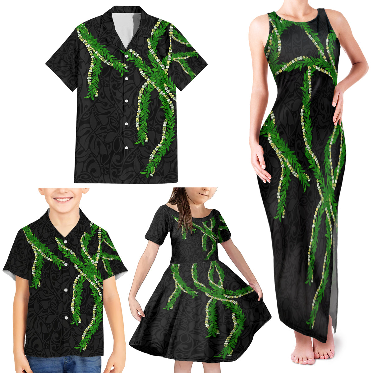 Hawaii Maile Lei Family Matching Tank Maxi Dress and Hawaiian Shirt Aloha Black Color