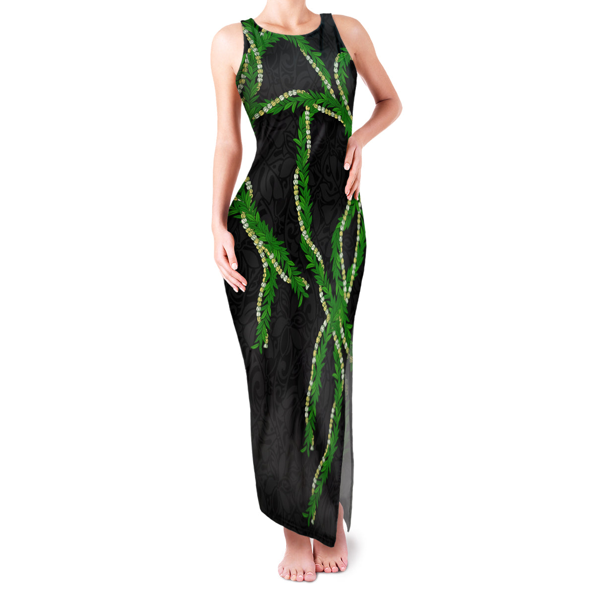 Hawaii Maile Lei Family Matching Tank Maxi Dress and Hawaiian Shirt Aloha Black Color