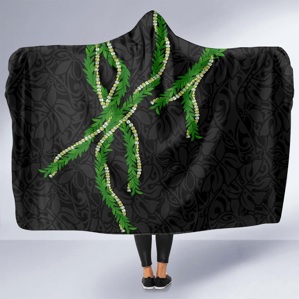 Hawaii Maile Lei Hooded Blanket Aloha Black Color LT03 - Polynesian Pride