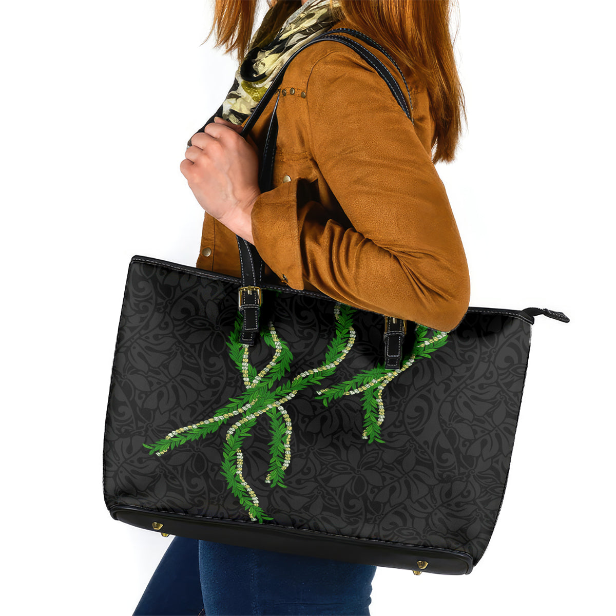 Hawaii Maile Lei Leather Tote Bag Aloha Black Color LT03 Black - Polynesian Pride