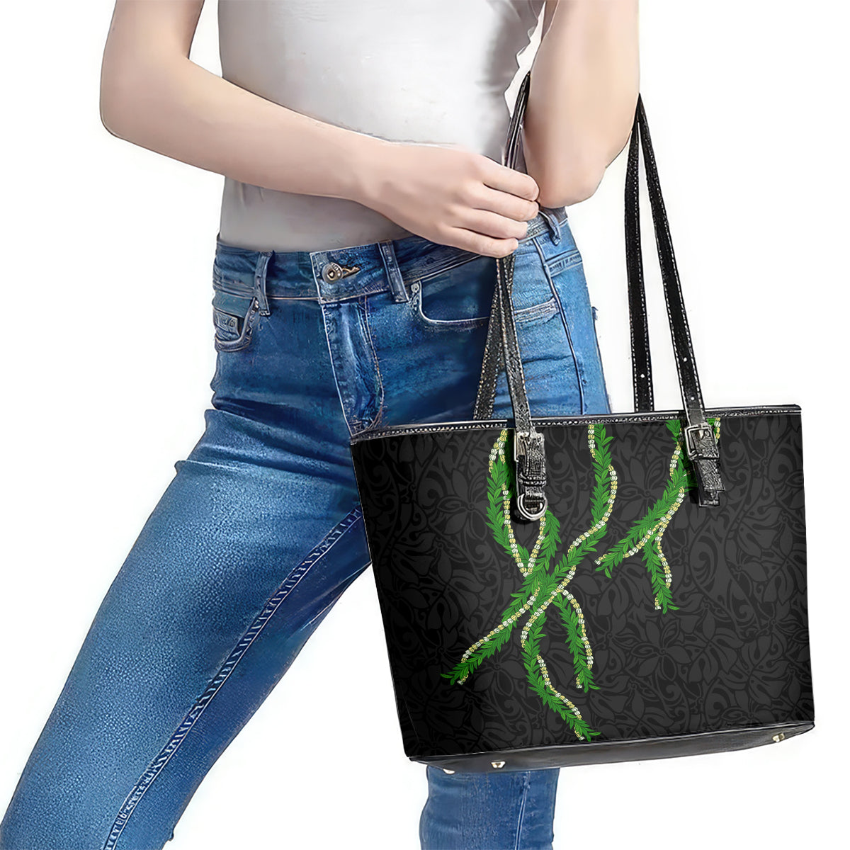 Hawaii Maile Lei Leather Tote Bag Aloha Black Color LT03 - Polynesian Pride