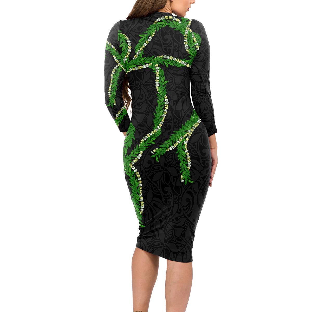 Hawaii Maile Lei Long Sleeve Bodycon Dress Aloha Black Color
