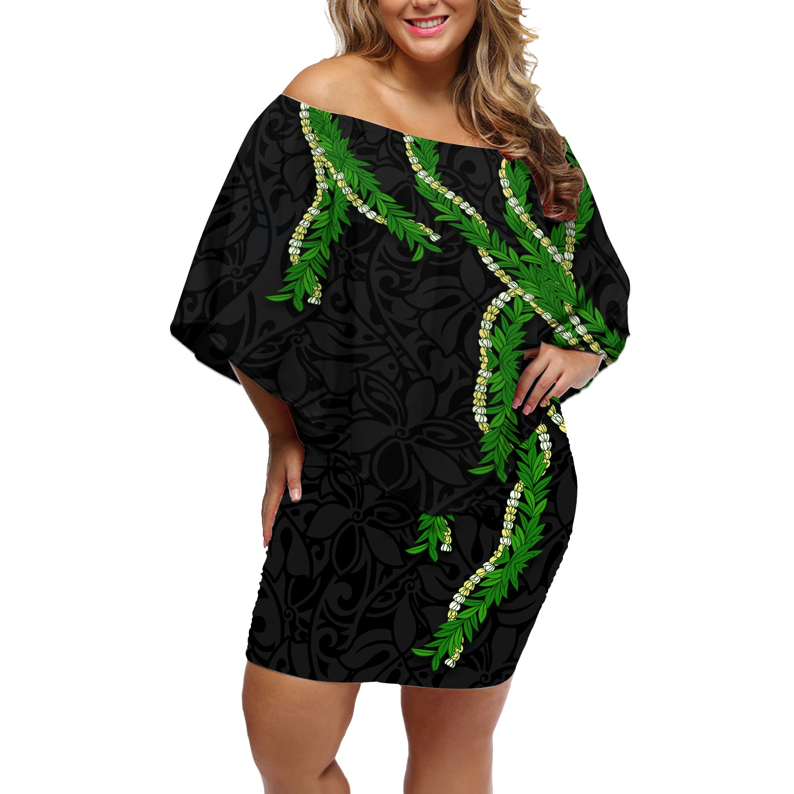 Hawaii Maile Lei Off Shoulder Short Dress Aloha Black Color