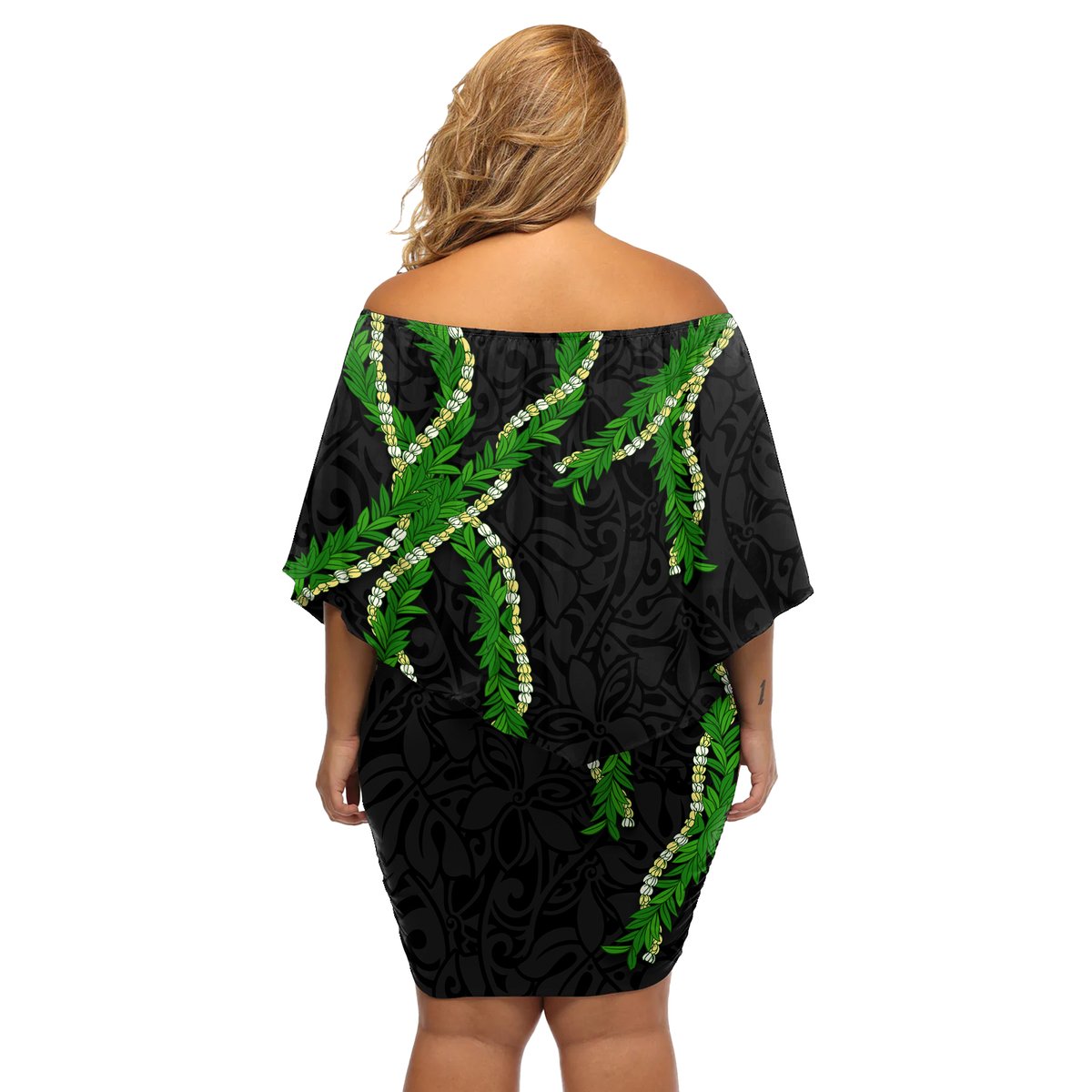 Hawaii Maile Lei Off Shoulder Short Dress Aloha Black Color LT03 - Polynesian Pride
