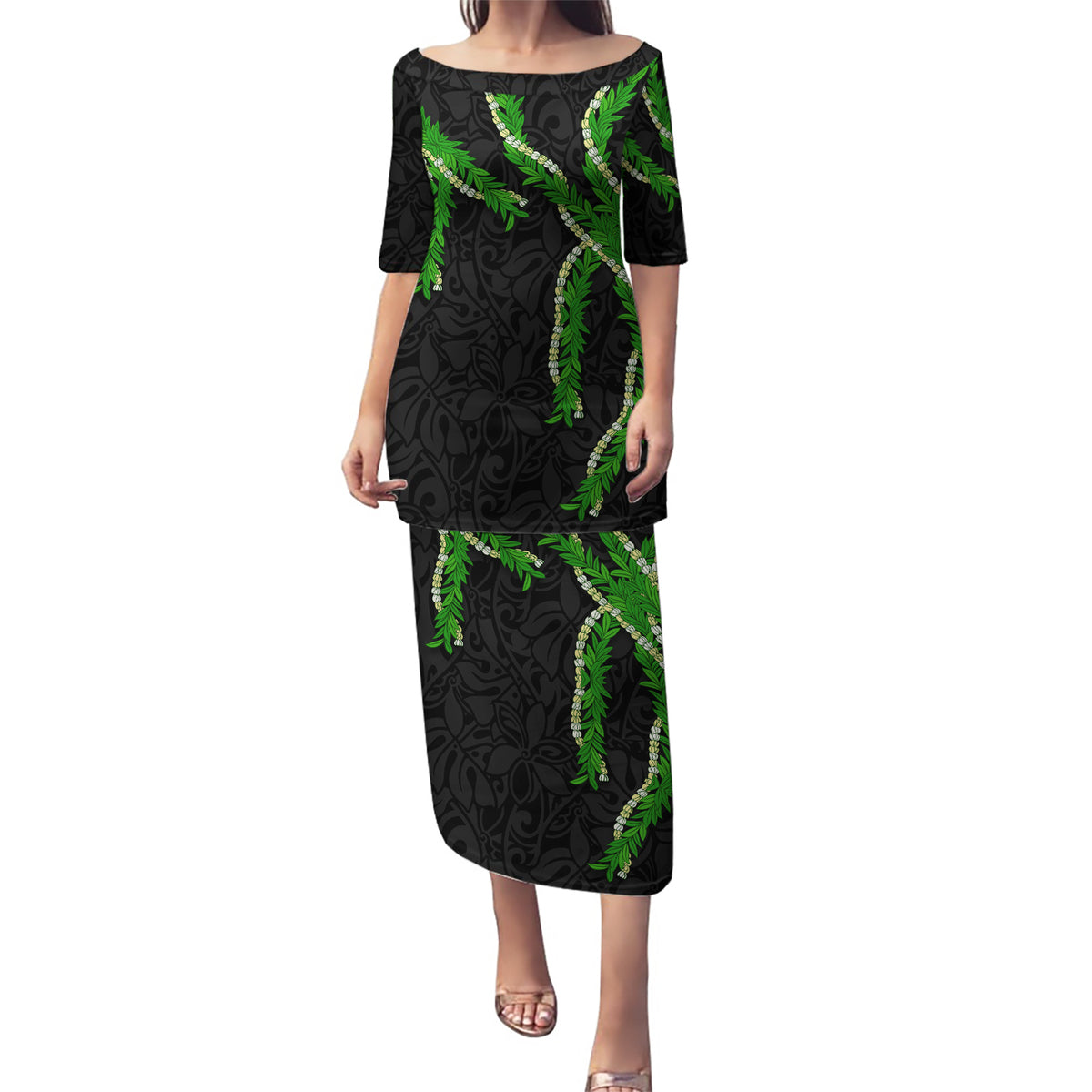 Hawaii Maile Lei Puletasi Aloha Black Color LT03 Long Dress Black - Polynesian Pride