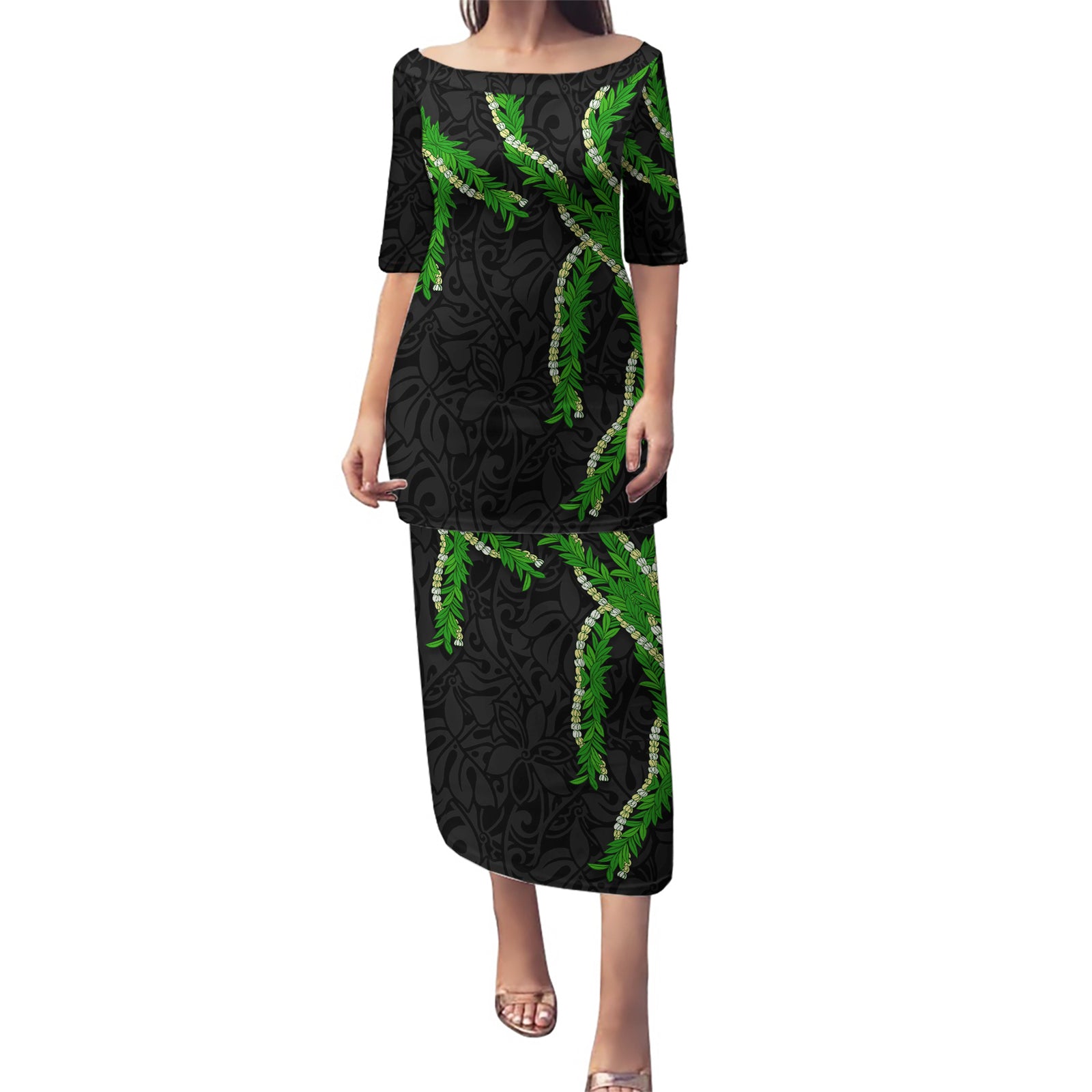 Hawaii Maile Lei Puletasi Aloha Black Color LT03 Long Dress Black - Polynesian Pride