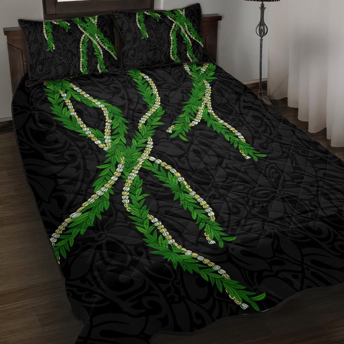 Hawaii Maile Lei Quilt Bed Set Aloha Black Color