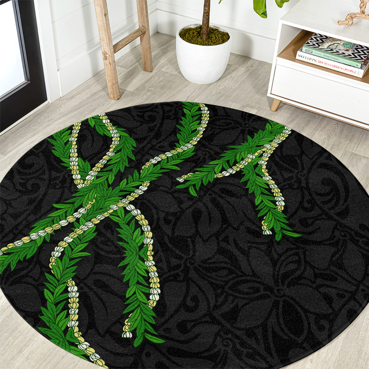 Hawaii Maile Lei Round Carpet Aloha Black Color