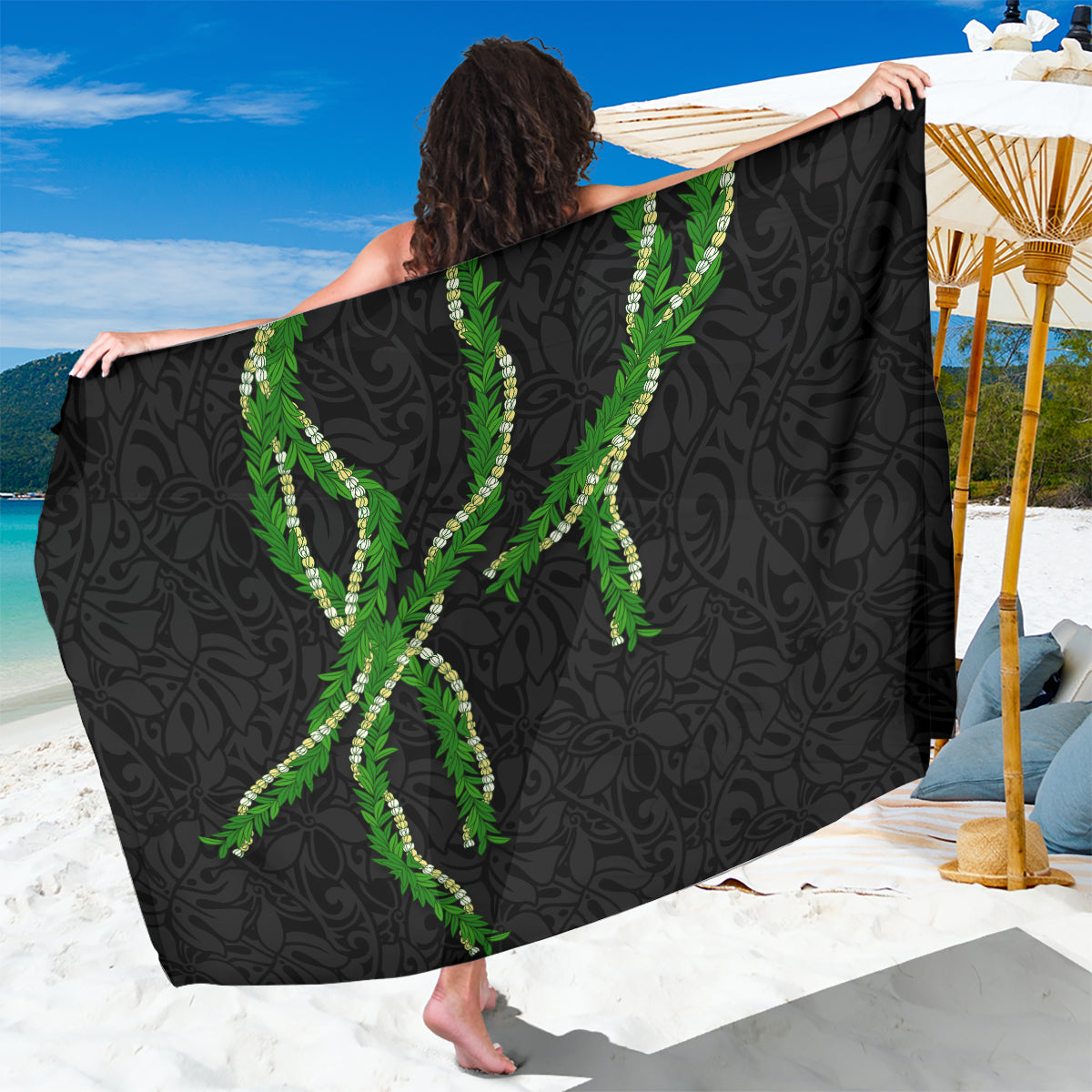 Hawaii Maile Lei Sarong Aloha Black Color