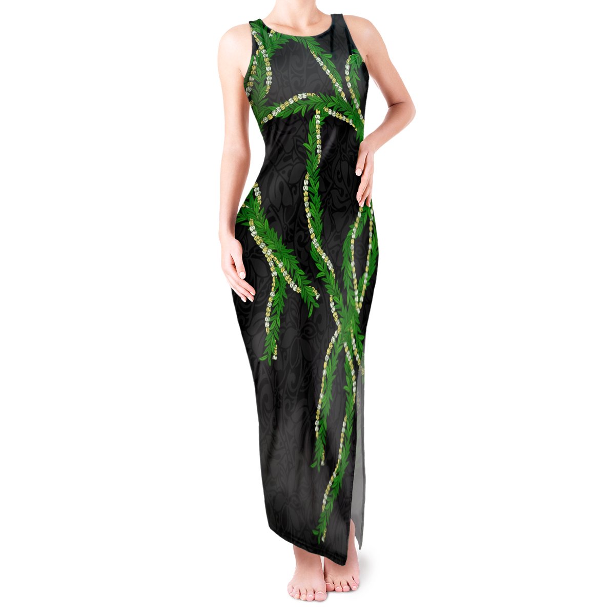 Hawaii Maile Lei Tank Maxi Dress Aloha Black Color LT03 Women Black - Polynesian Pride