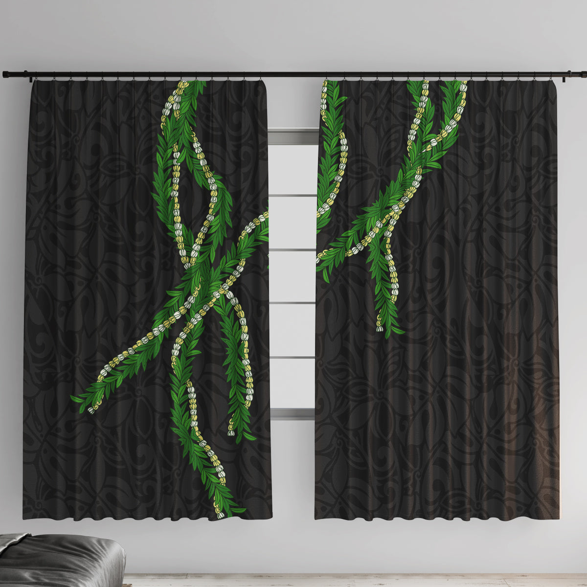 Hawaii Maile Lei Window Curtain Aloha Black Color LT03 With Hooks Black - Polynesian Pride