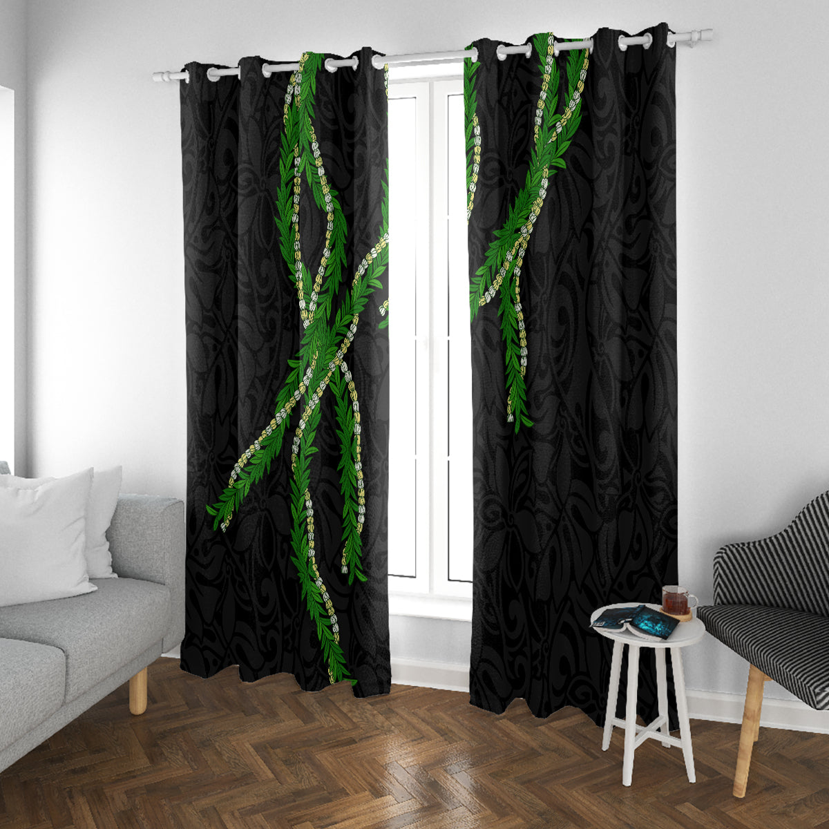 Hawaii Maile Lei Window Curtain Aloha Black Color LT03 With Grommets Black - Polynesian Pride