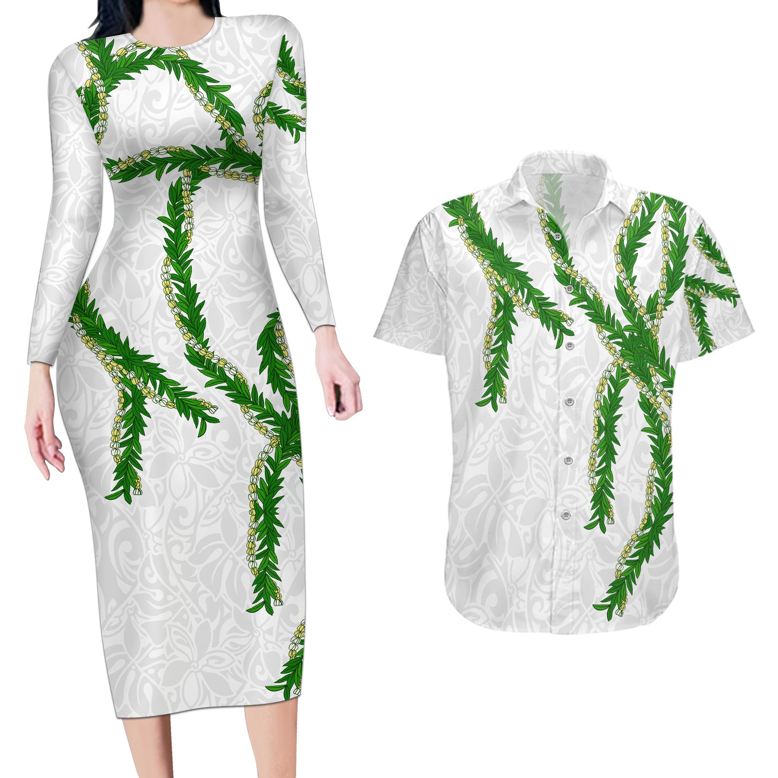Hawaii Maile Lei Couples Matching Long Sleeve Bodycon Dress and Hawaiian Shirt Aloha White Color LT03 White - Polynesian Pride