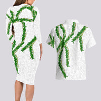 Hawaii Maile Lei Couples Matching Long Sleeve Bodycon Dress and Hawaiian Shirt Aloha White Color LT03 - Polynesian Pride