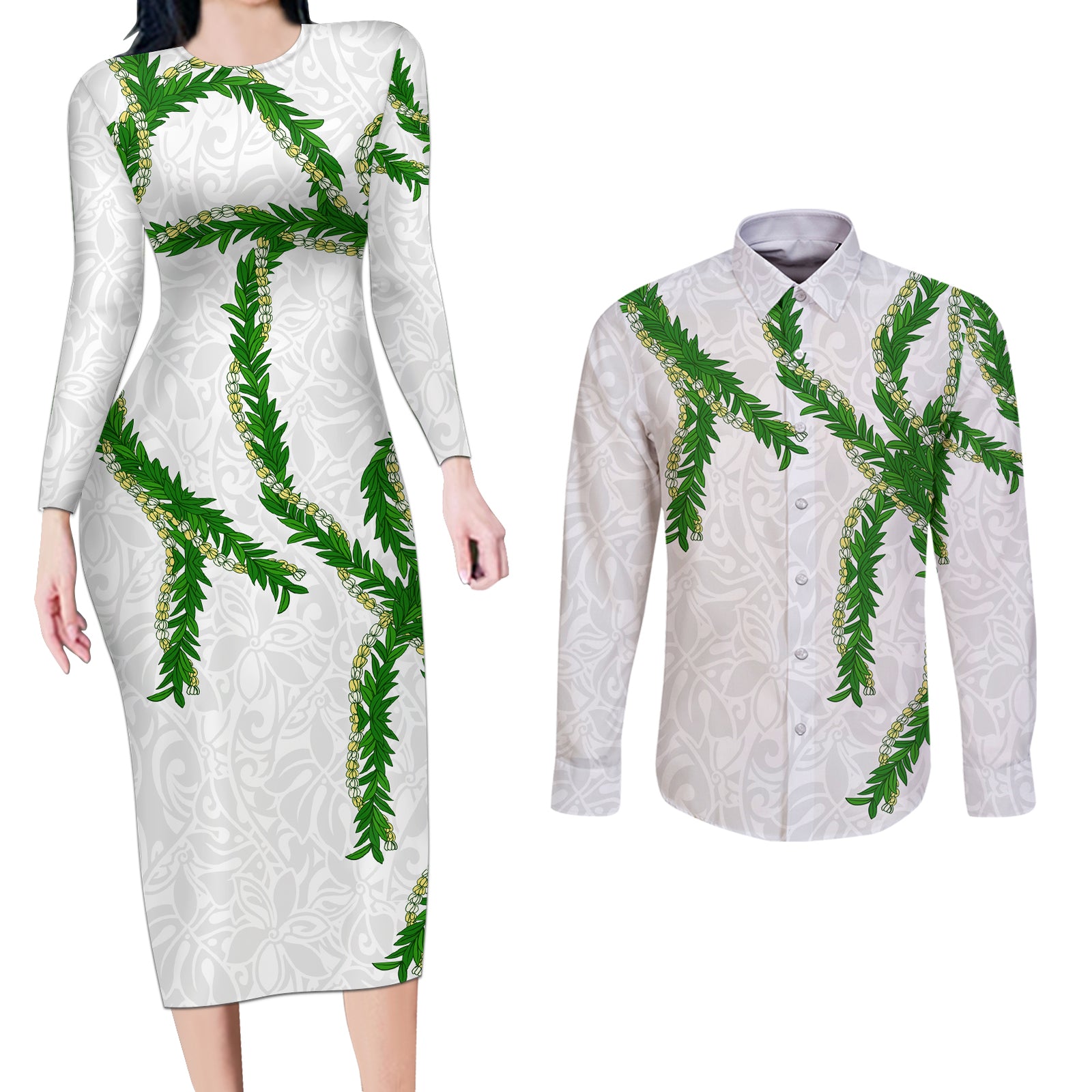 Hawaii Maile Lei Couples Matching Long Sleeve Bodycon Dress and Long Sleeve Button Shirt Aloha White Color LT03 White - Polynesian Pride
