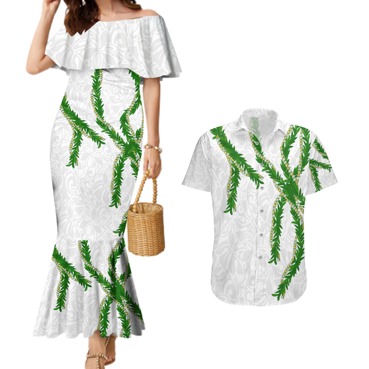 Hawaii Maile Lei Couples Matching Mermaid Dress and Hawaiian Shirt Aloha White Color