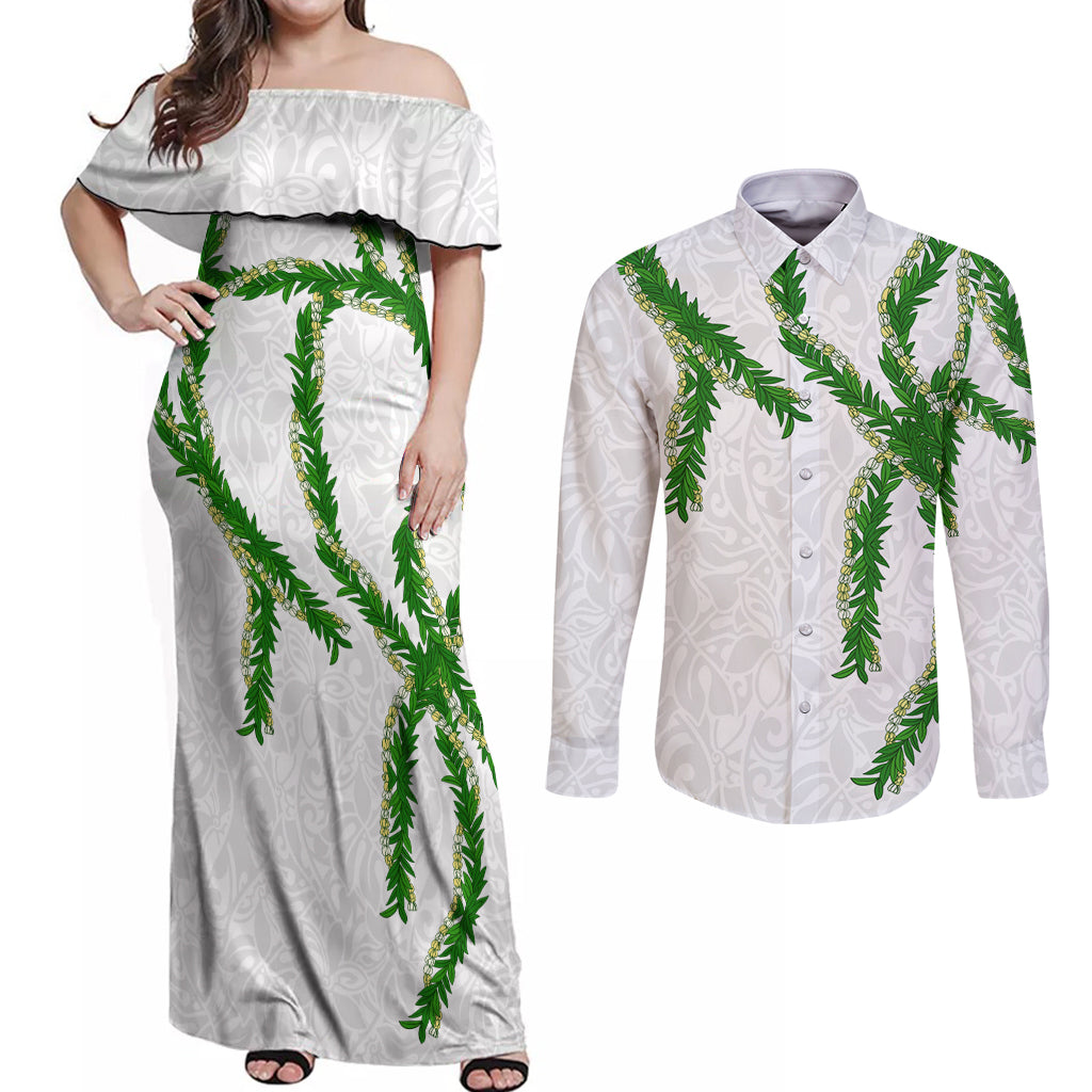 Hawaii Maile Lei Couples Matching Off Shoulder Maxi Dress and Long Sleeve Button Shirt Aloha White Color LT03 White - Polynesian Pride