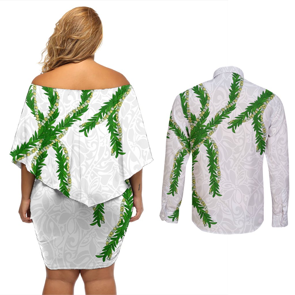 Hawaii Maile Lei Couples Matching Off Shoulder Short Dress and Long Sleeve Button Shirt Aloha White Color LT03 - Polynesian Pride