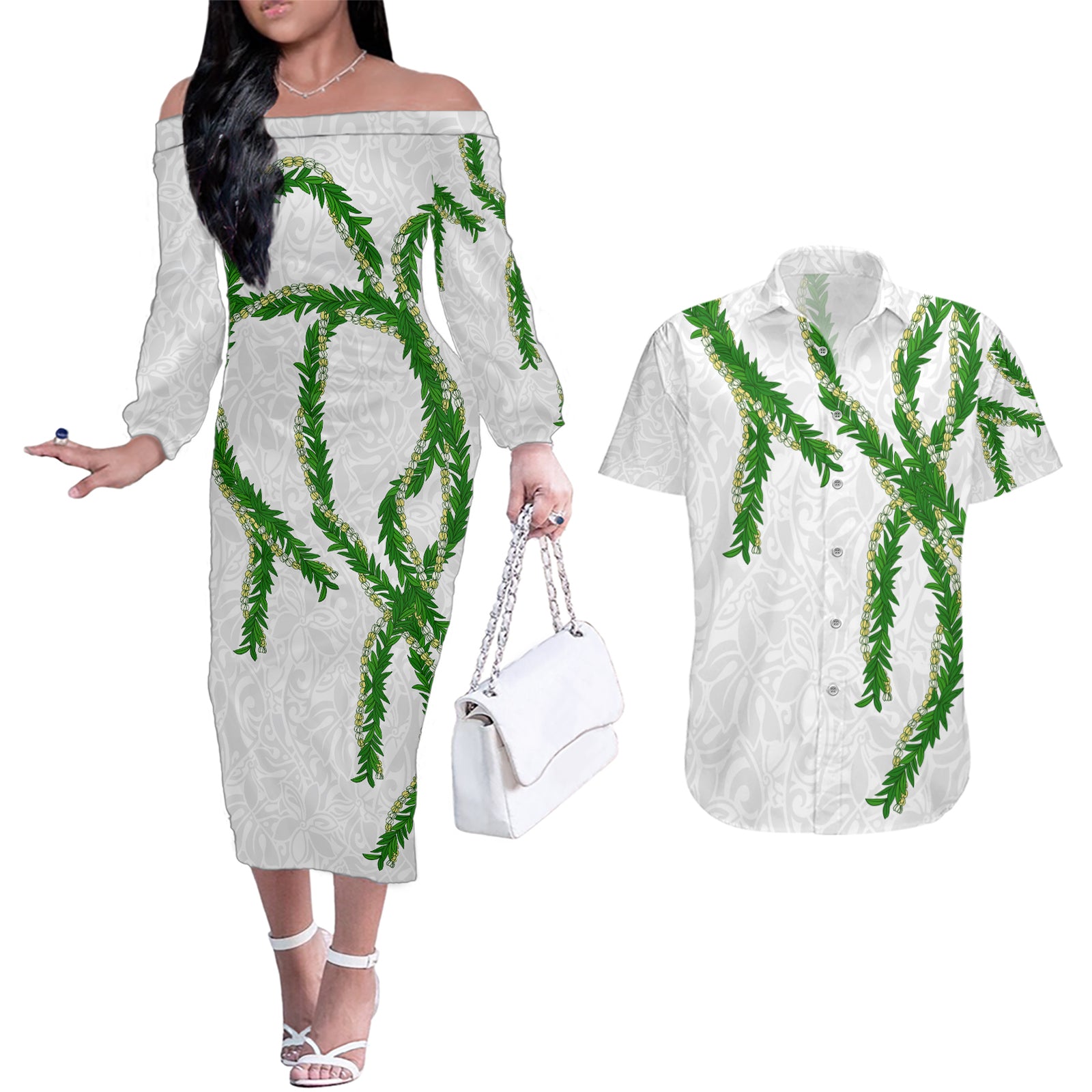 Hawaii Maile Lei Couples Matching Off The Shoulder Long Sleeve Dress and Hawaiian Shirt Aloha White Color LT03 White - Polynesian Pride