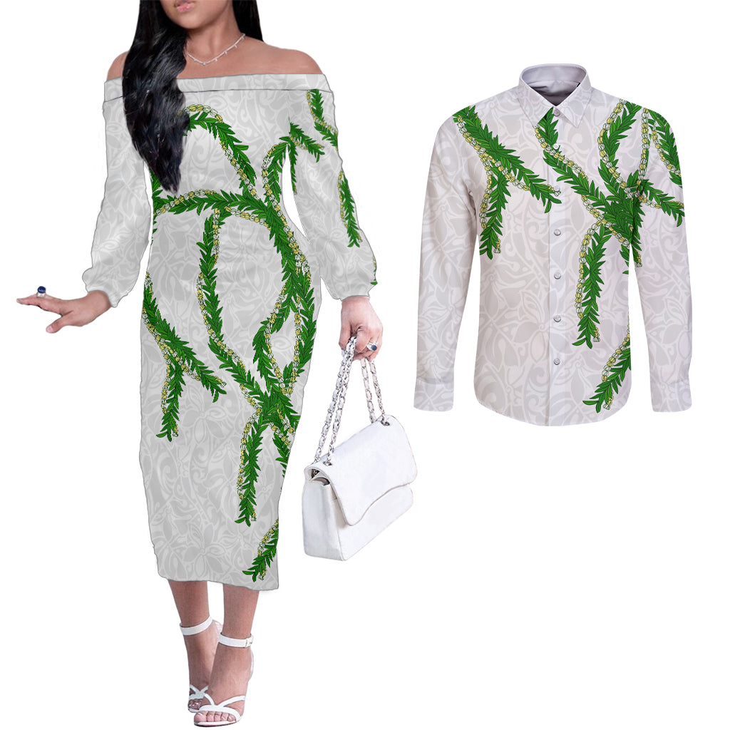 Hawaii Maile Lei Couples Matching Off The Shoulder Long Sleeve Dress and Long Sleeve Button Shirt Aloha White Color LT03 White - Polynesian Pride