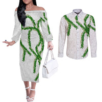 Hawaii Maile Lei Couples Matching Off The Shoulder Long Sleeve Dress and Long Sleeve Button Shirt Aloha White Color LT03 White - Polynesian Pride