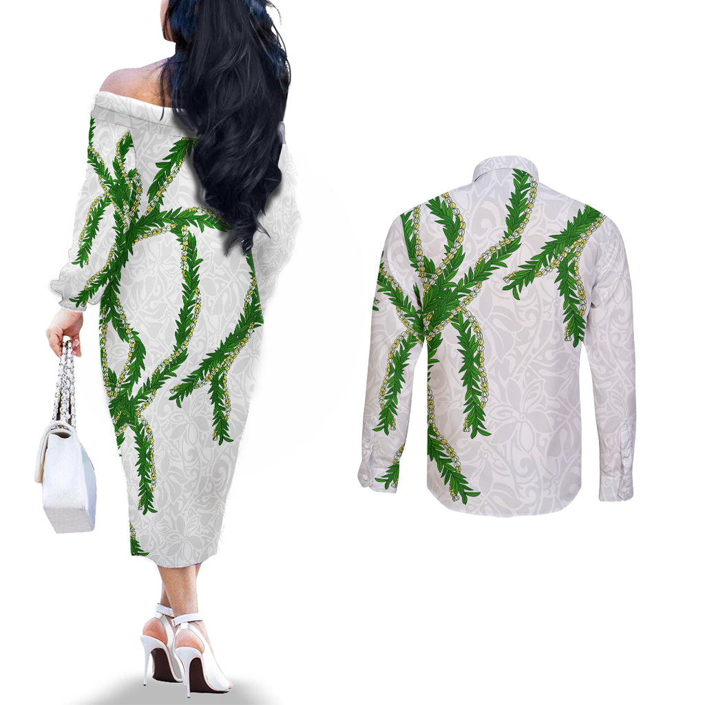 Hawaii Maile Lei Couples Matching Off The Shoulder Long Sleeve Dress and Long Sleeve Button Shirt Aloha White Color LT03 - Polynesian Pride