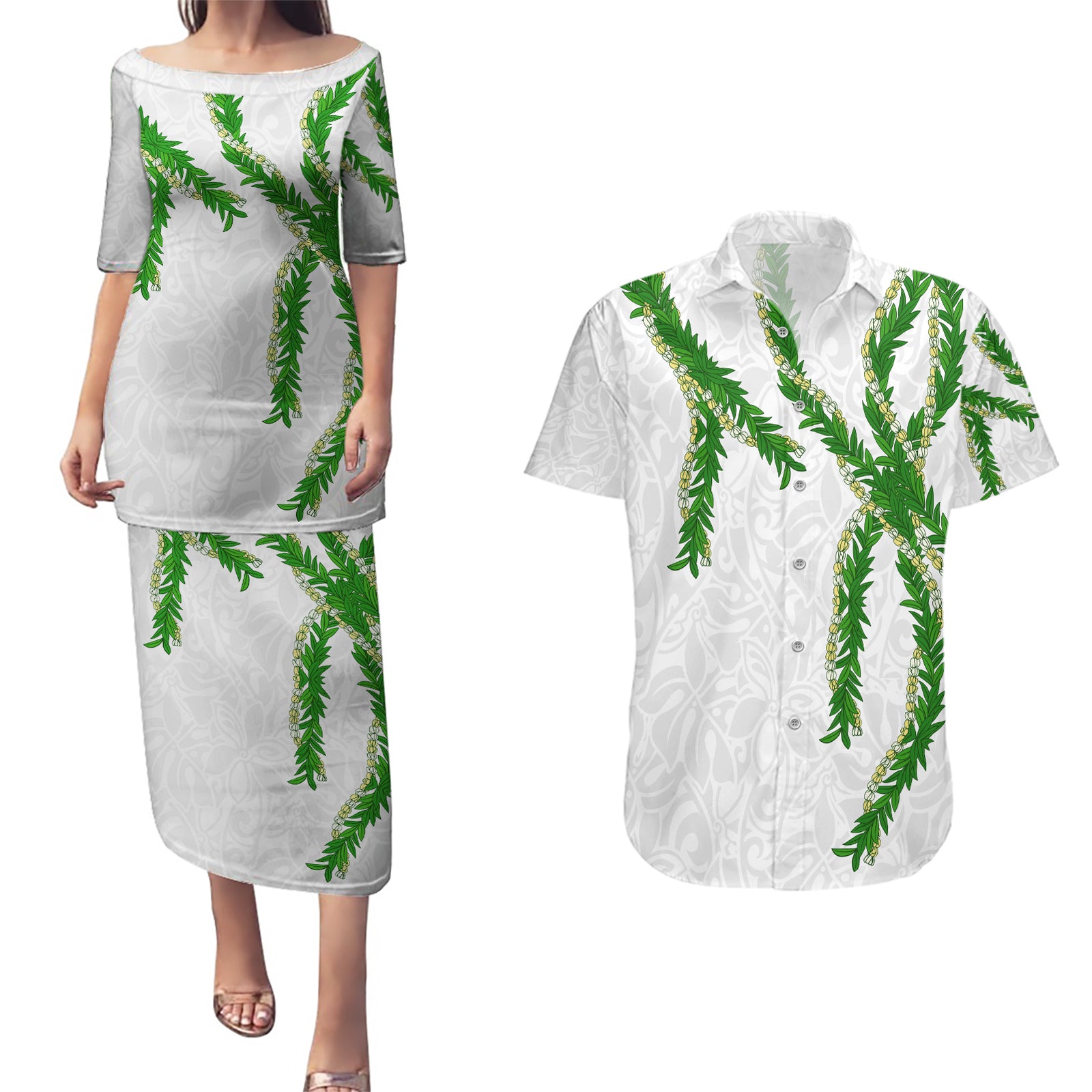 Hawaii Maile Lei Couples Matching Puletasi and Hawaiian Shirt Aloha White Color LT03 White - Polynesian Pride