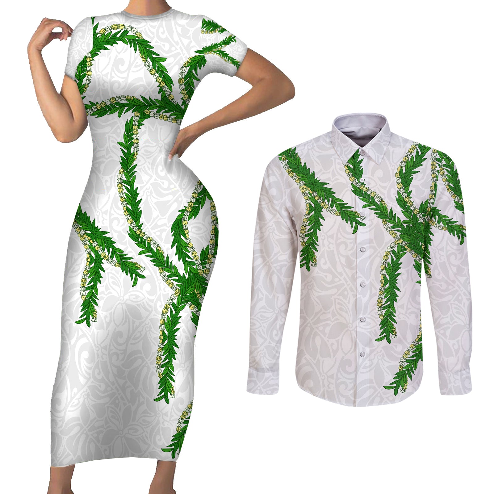 Hawaii Maile Lei Couples Matching Short Sleeve Bodycon Dress and Long Sleeve Button Shirt Aloha White Color LT03 White - Polynesian Pride