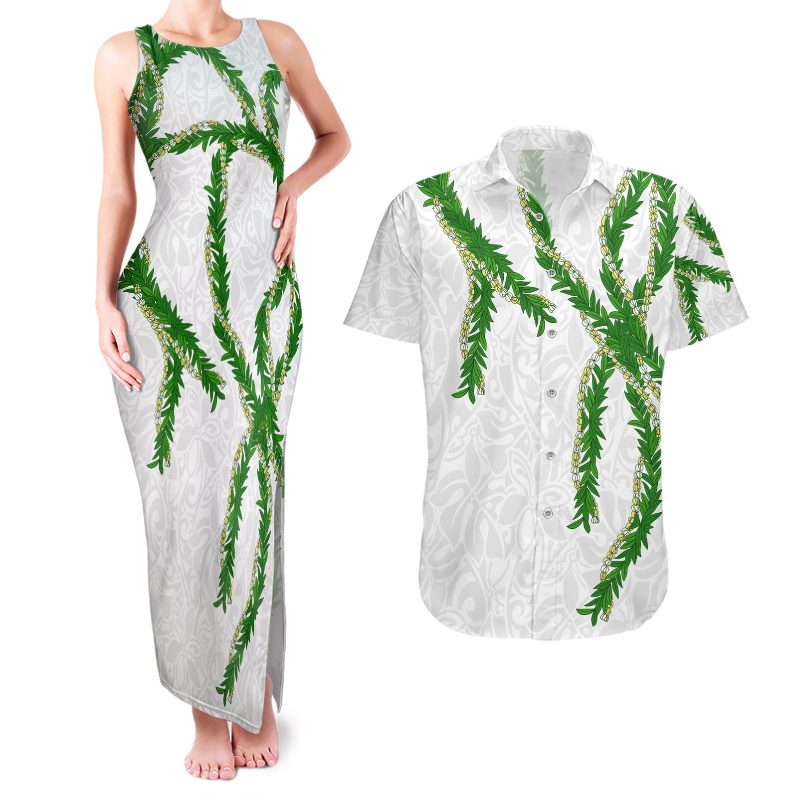 Hawaii Maile Lei Couples Matching Tank Maxi Dress and Hawaiian Shirt Aloha White Color LT03 White - Polynesian Pride