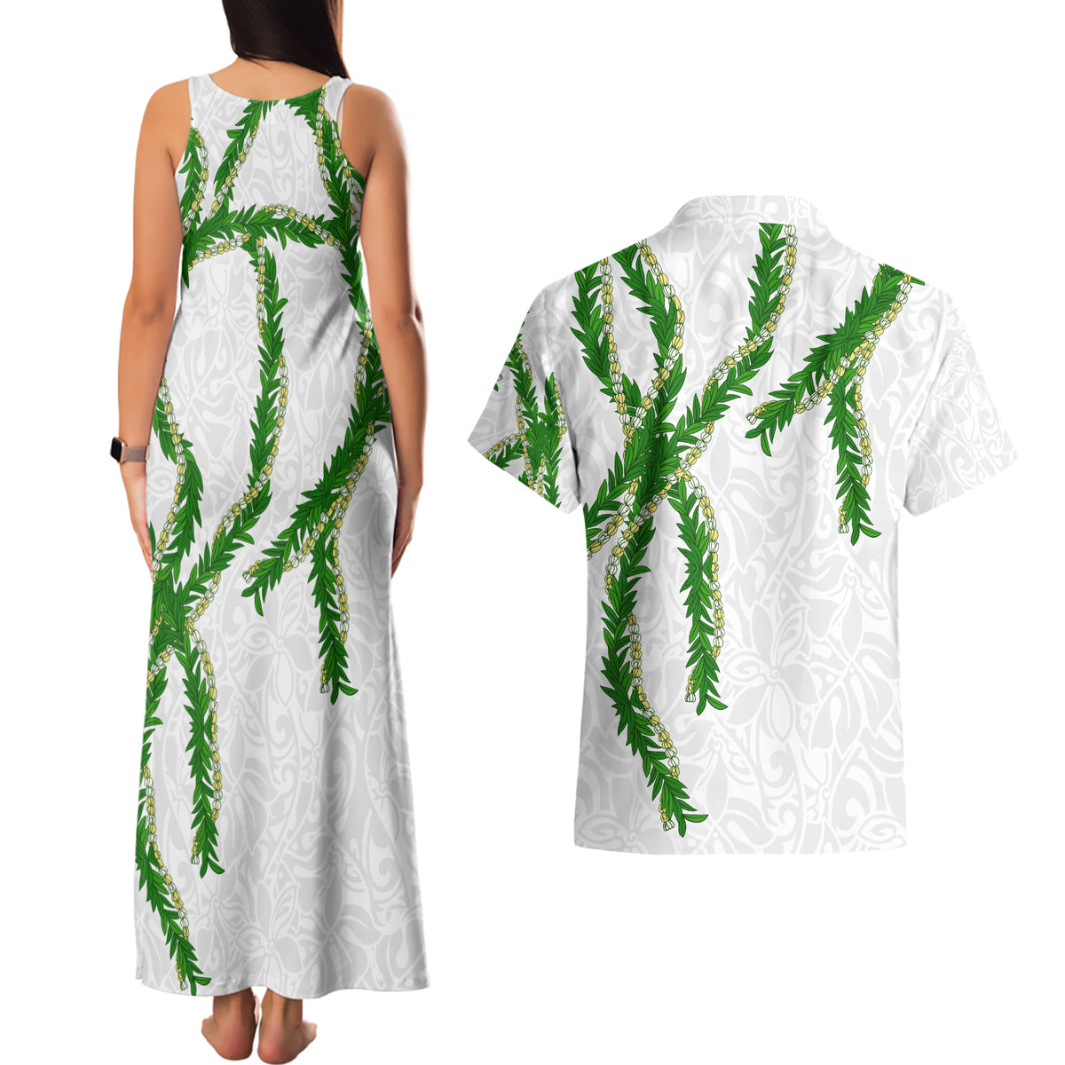 Hawaii Maile Lei Couples Matching Tank Maxi Dress and Hawaiian Shirt Aloha White Color LT03 - Polynesian Pride