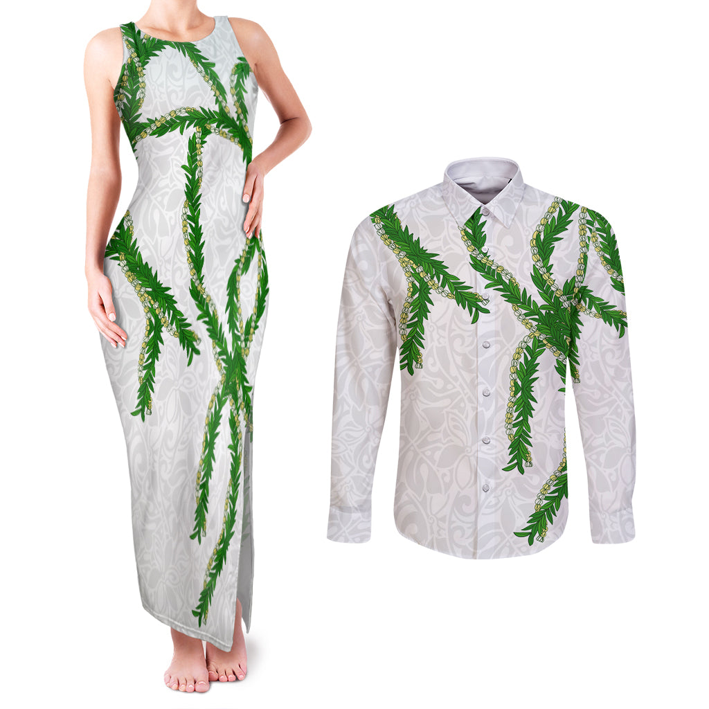 Hawaii Maile Lei Couples Matching Tank Maxi Dress and Long Sleeve Button Shirt Aloha White Color LT03 White - Polynesian Pride