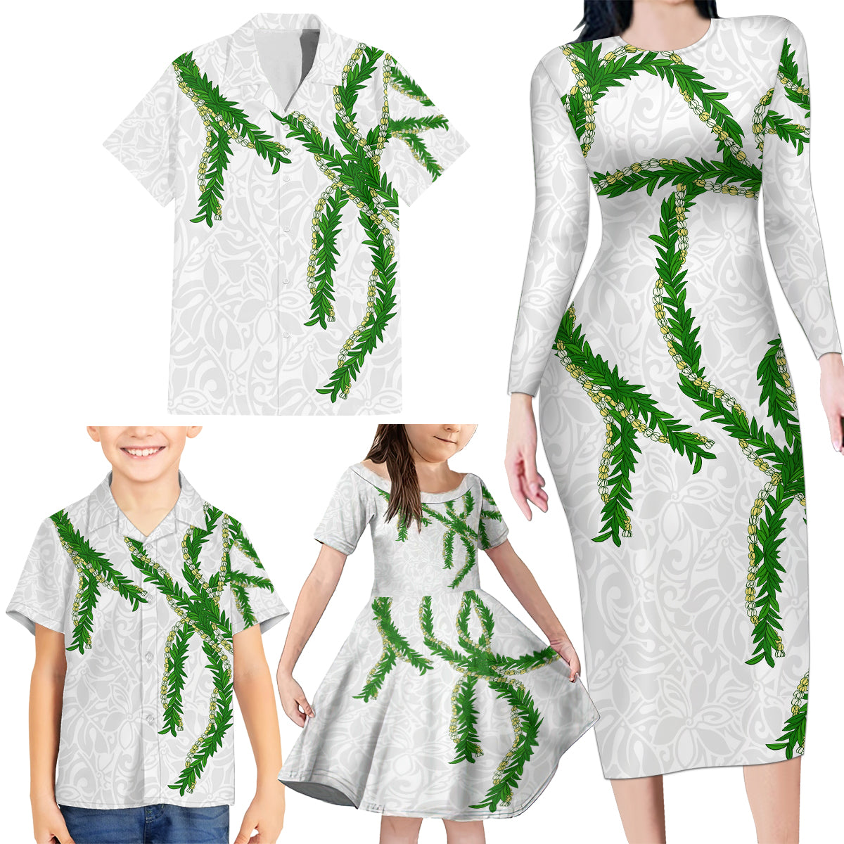 Hawaii Maile Lei Family Matching Long Sleeve Bodycon Dress and Hawaiian Shirt Aloha White Color