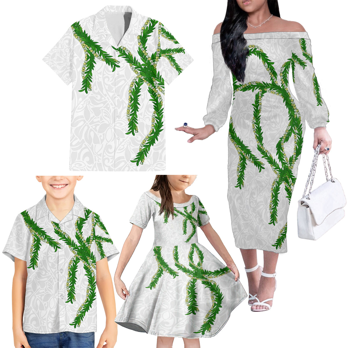 Hawaii Maile Lei Family Matching Off The Shoulder Long Sleeve Dress and Hawaiian Shirt Aloha White Color