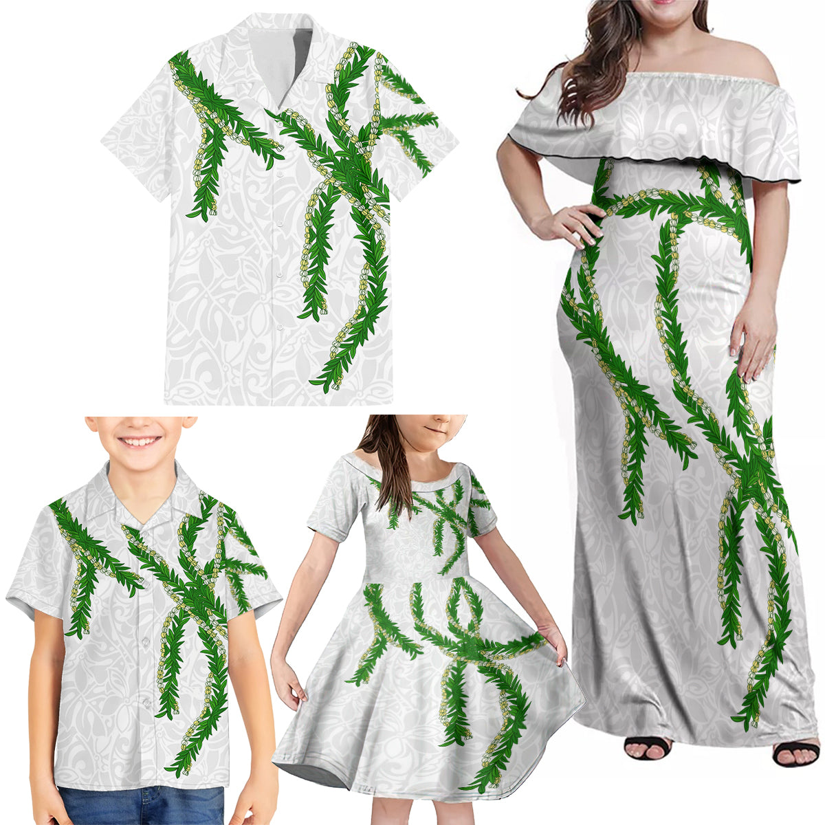 Hawaii Maile Lei Family Matching Off Shoulder Maxi Dress and Hawaiian Shirt Aloha White Color LT03 - Polynesian Pride