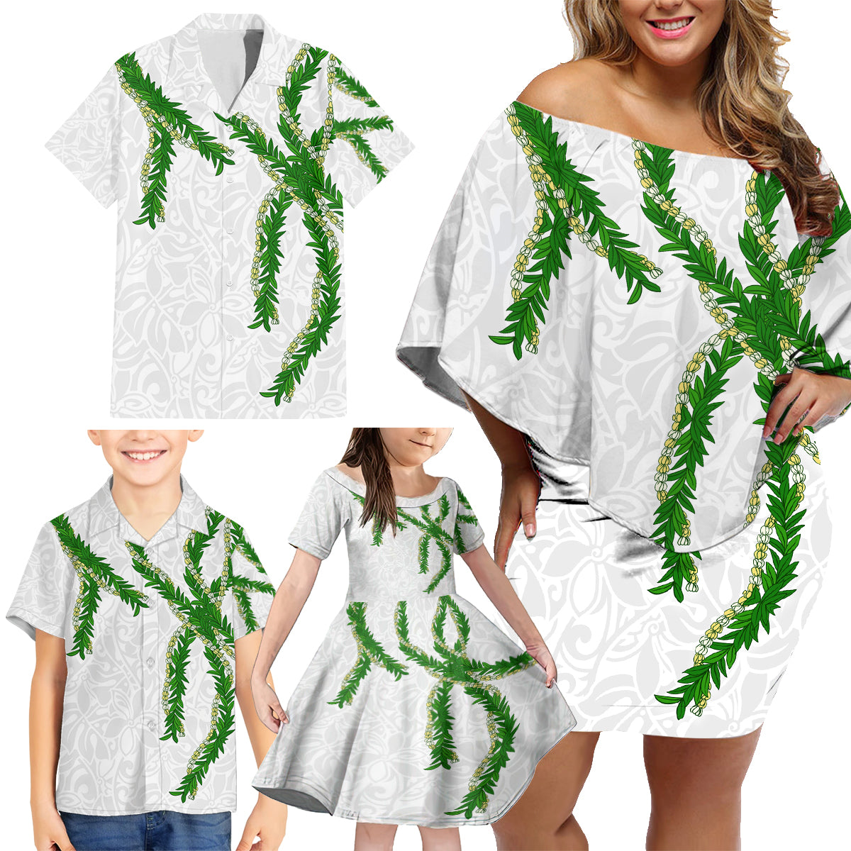 Hawaii Maile Lei Family Matching Off Shoulder Short Dress and Hawaiian Shirt Aloha White Color