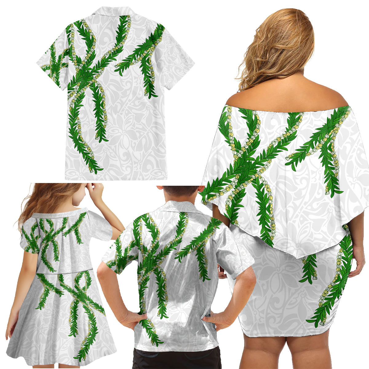 Hawaii Maile Lei Family Matching Off Shoulder Short Dress and Hawaiian Shirt Aloha White Color LT03 - Polynesian Pride