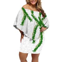 Hawaii Maile Lei Family Matching Off Shoulder Short Dress and Hawaiian Shirt Aloha White Color LT03 Mom's Dress White - Polynesian Pride