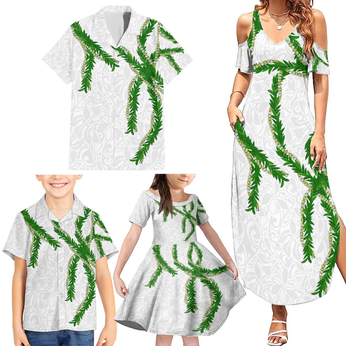 Hawaii Maile Lei Family Matching Summer Maxi Dress and Hawaiian Shirt Aloha White Color