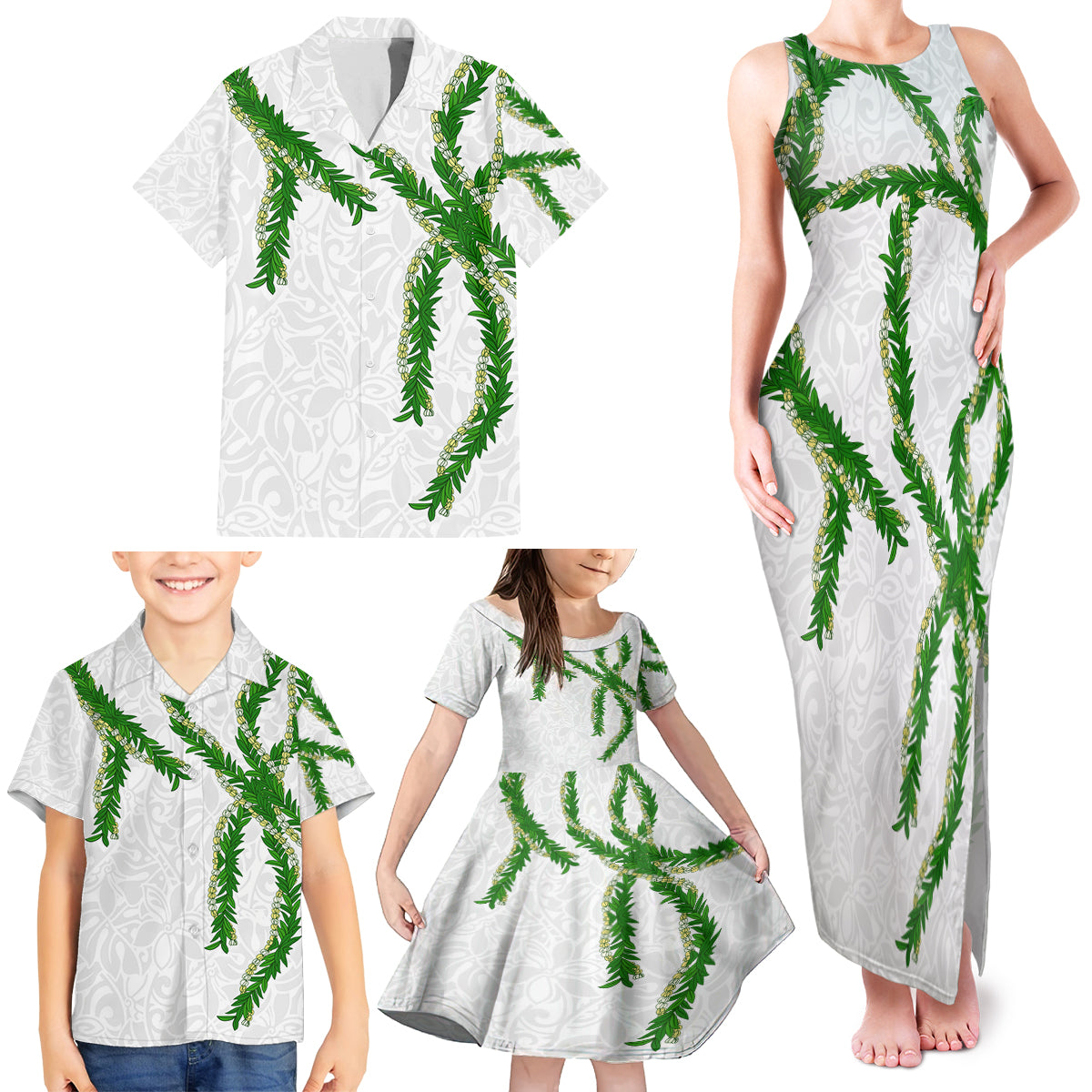 Hawaii Maile Lei Family Matching Tank Maxi Dress and Hawaiian Shirt Aloha White Color LT03 - Polynesian Pride
