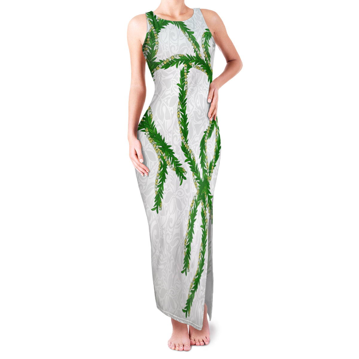 Hawaii Maile Lei Family Matching Tank Maxi Dress and Hawaiian Shirt Aloha White Color