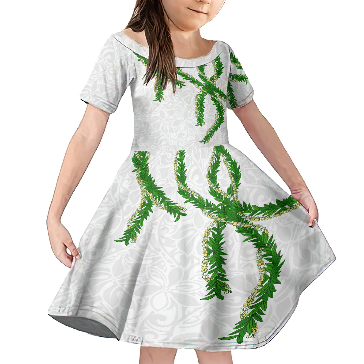 Hawaii Maile Lei Kid Short Sleeve Dress Aloha White Color