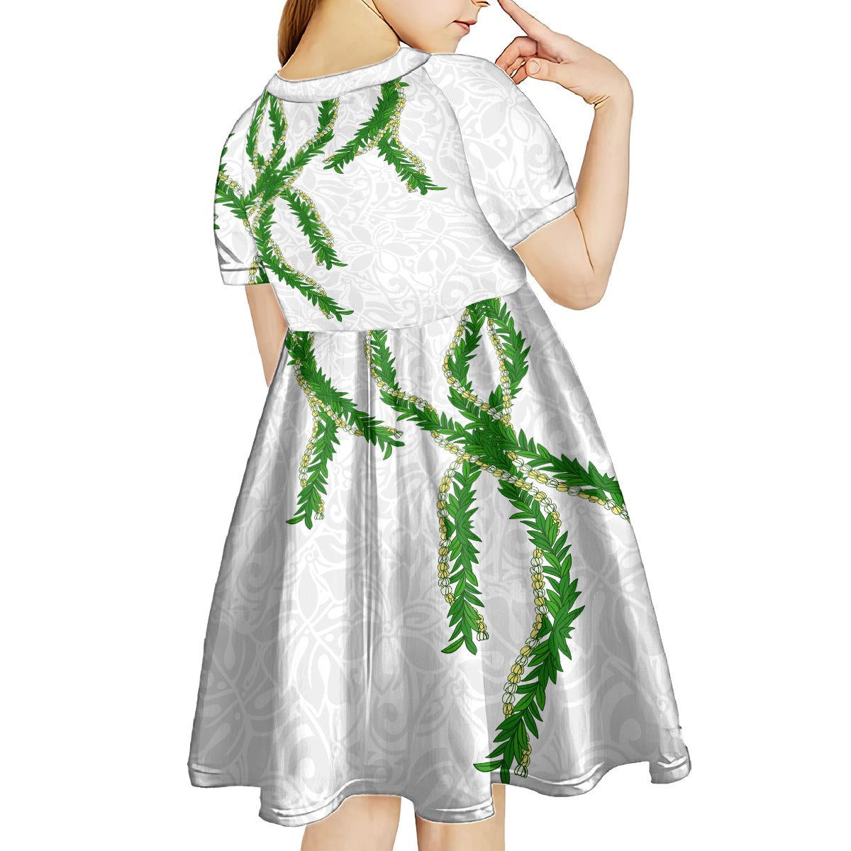 Hawaii Maile Lei Kid Short Sleeve Dress Aloha White Color