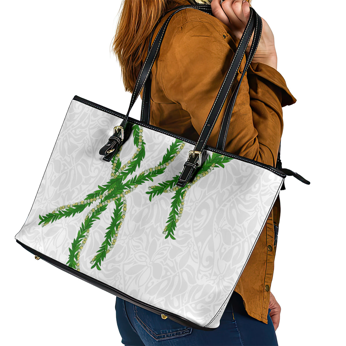 Hawaii Maile Lei Leather Tote Bag Aloha White Color LT03 - Polynesian Pride