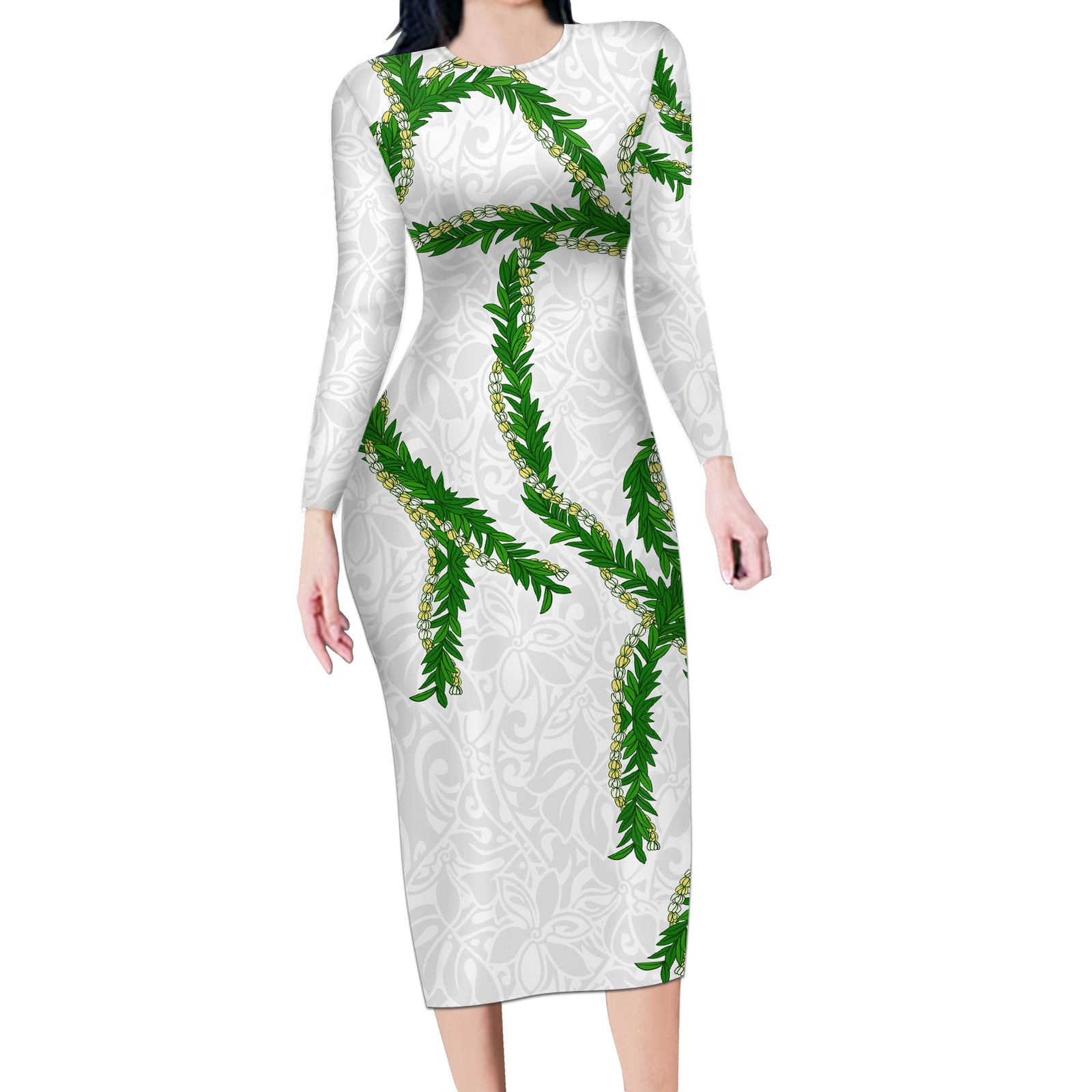 Hawaii Maile Lei Long Sleeve Bodycon Dress Aloha White Color